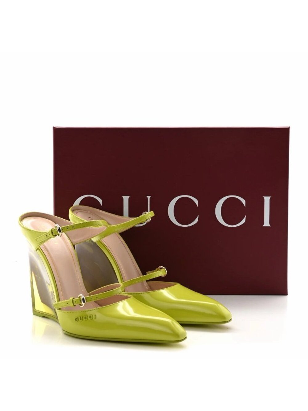 Gucci Lime Green Patent Leather Mary Jane Wedge Heels
